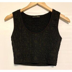 RVN Black Cropped Textured Stretch Geometric Sleeveless Tank Top Size Medium